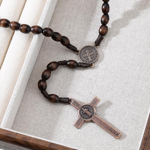 HANRESHE Wooden Beads Rosary Necklace Wooden Crosses Pendant Catholic Rosary Necklace for Men with St.Michael - color: brown