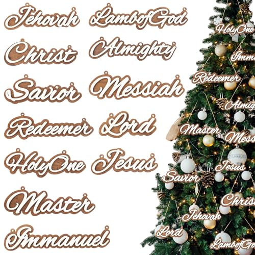 Halloscume 12 Pcs Christmas Name of Jesus Wooden Nativity Ornament 2-Layer Wood Hanging Christ Ornaments with Savior Names Religious Christian Christmas Decorations for Xmas Tree Decor