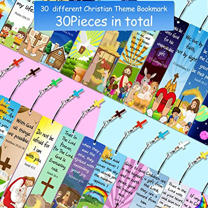 30 Pcs Christian Bible Verse Bookmarks for Kids with Cross Pendants