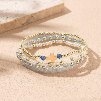 Colorful Cross Charm Bracelets for Women Men Adjustable Gold Plated Beaded Bracelet Boho Bead Ball Stretch Bracelet Birthday Summer Beach Jewelry - color: Sky Blue
