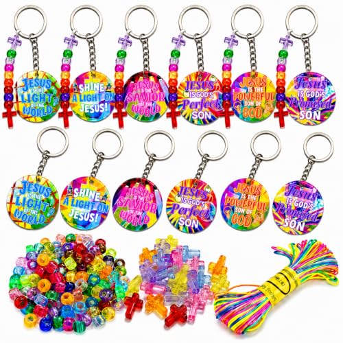 Cinrobiye 24 Set 2026 VBS Jesus Light DIY Keychain Kit, Beaded Acrylic Keychains Craft, Christian Crafts for Sunday School, Church Classroom Activities, Vacation Bible School Party Favors - style: Round