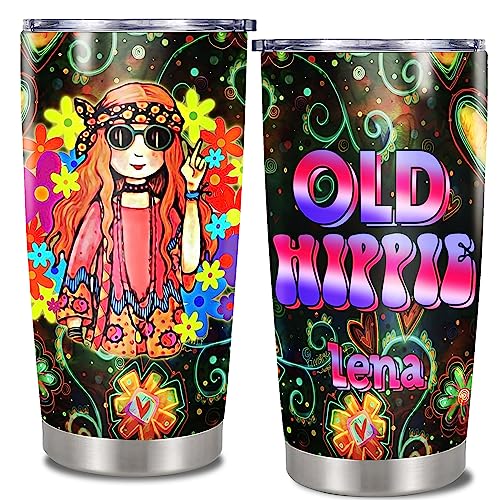 Personalized Old Hippie Tumbler Stainless Steel Travel Mug Coffee Insulated Cup With Lid Retro Style Custom Name Cute Gifts For Girl Women Men Peace Sign Colorful Print - color: Hippie
