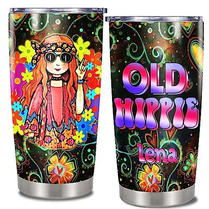 Personalized Old Hippie Tumbler Stainless Steel Travel Mug Coffee Insulated Cup With Lid Retro Style Custom Name Cute Gifts For Girl Women Men Peace Sign Colorful Print - color: Hippie