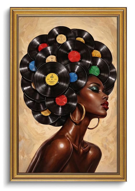Vintage Vinyl Record Wall Art Black Woman Portrait Pictures Wall Decor - color: Gold Framed-02, size: 16x24in