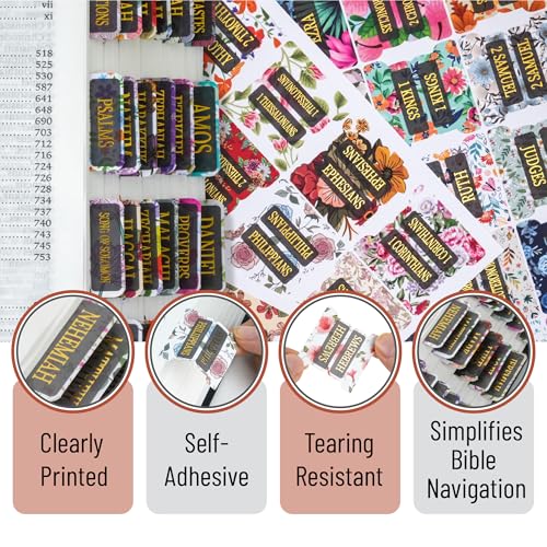 Mr. Pen- Laminated Bible Tabs, 75 pcs, Gold Foil Embossed Lettering - color: Floral Design Gold Writings