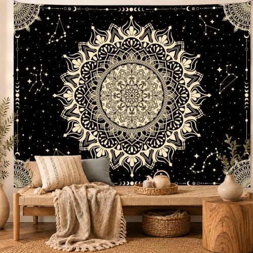Apdidl Boho Mandala Tapestry for Bedroom, Black Hippie Ceiling Tapestries - color: Black Gold Mandala Tapestry, size: 90"L x 71"W