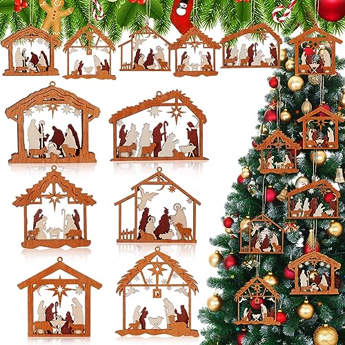 Bucherry 6 Pcs Wooden Christmas Nativity Scene Ornaments Bulk,House - style: House