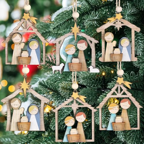 Gerrii 6 Pcs Christmas Nativity Ornaments, Wooden Farmhouse Scene for Tree