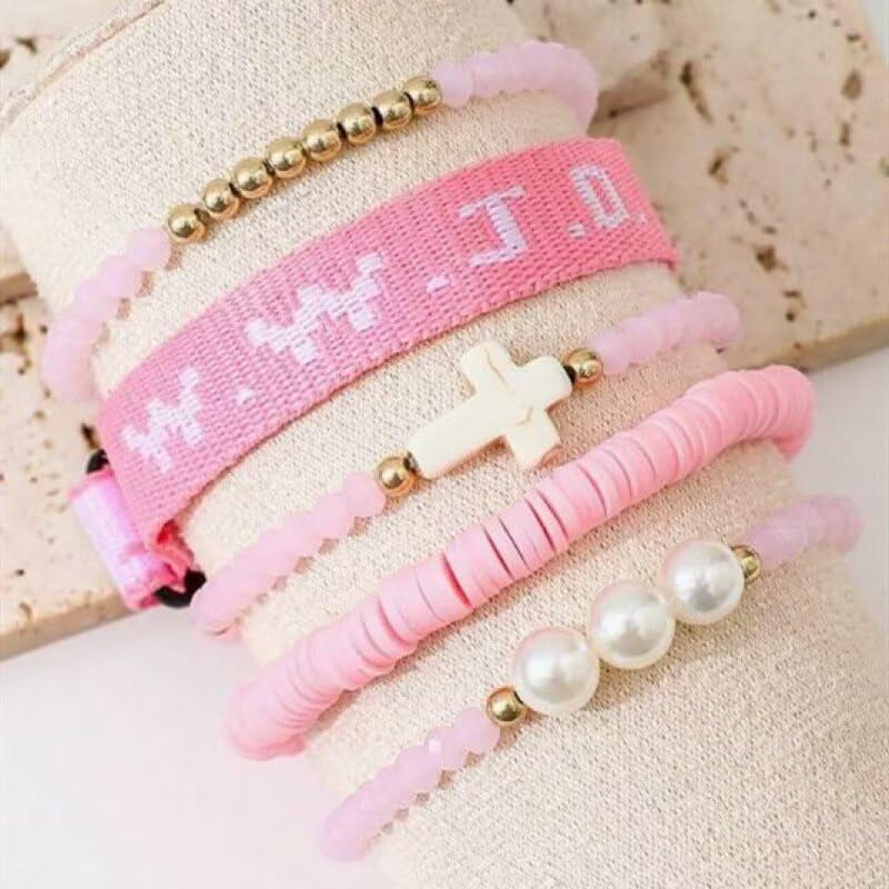 WWJD Bracelets Set WWJD Wristbands Christian Cross Bracelet Stackable Clay Bead Bracelets Stretch Glass Beaded Inspirational Christian Jewelry Gift for Couples Women Men - color: 5 Pcs Pink