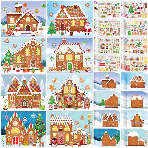 Frienda 96 Pcs Christmas Gingerbread House Stickers Crafts Kits Bulk Winter - style: Gingerbread House
