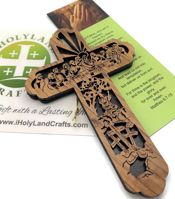 Last Supper Cross for Wall, Set of 5 Holy Land Olive Wood Crosses from Bethlehem, Cross Christmas Tree Ornament, Wooden Cross Wall Decor, Religious Gifts for Home, 6.25" x 4.1" - style: 5 Crosses