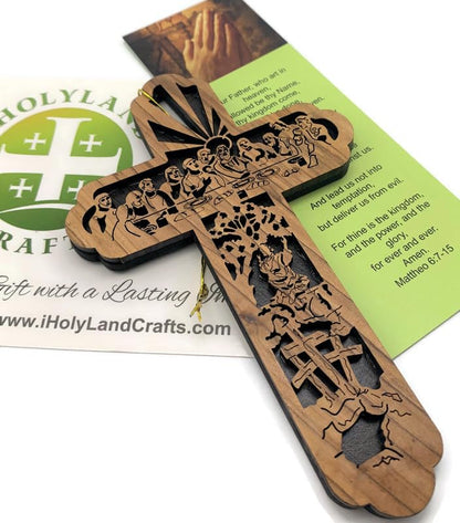 Last Supper Cross for Wall, Set of 5 Holy Land Olive Wood Crosses from Bethlehem, Cross Christmas Tree Ornament, Wooden Cross Wall Decor, Religious Gifts for Home, 6.25" x 4.1" - style: 5 Crosses