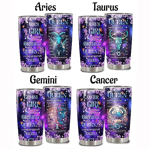 WAZONE Personalized Queen Tumbler Customized Zodiac Cup With Name Purple Galaxy Butterfly Flower Travel Mug 20oz 30oz Astrological Sign Aries Gemini Cancer Leo Virgo Libra Taurus Scorpio - color: Zodiac