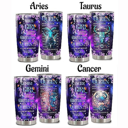 WAZONE Personalized Queen Tumbler Customized Zodiac Cup With Name Purple Galaxy Butterfly Flower Travel Mug 20oz 30oz Astrological Sign Aries Gemini Cancer Leo Virgo Libra Taurus Scorpio - color: Zodiac