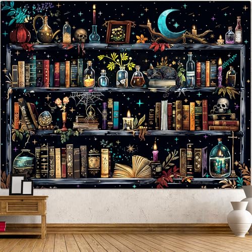 Accnicc Magic Bookshelf Tapestry Magical Witchy Potion Dark Hippie Haloween Tapestries Wall Hanging Gothic Skull Black Cat Library Book Tapestry for Bedroom Living Room Dorm 80 x 60 inch - color: Blue, size: 80"L x 60"W