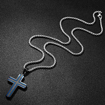 Men's Stainless Steel Cross Necklace,Two-Tone Black & Blue Carbon Fiber Pendant - Included Gift Box - style: Black & Blue XL004