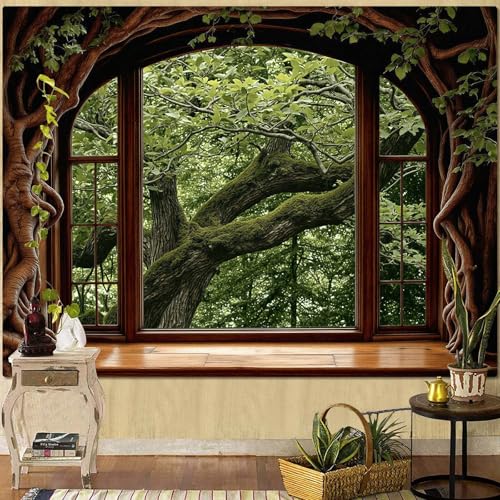 Lifeella Forest Window Tapestry, Nature Outdoor Tree Wall Backdrop, Woodland Scene Large Mural for Bedroom Living Room Office Decor, Green 60x80 inches - color: Green Forest, size: 80"L x 60"W
