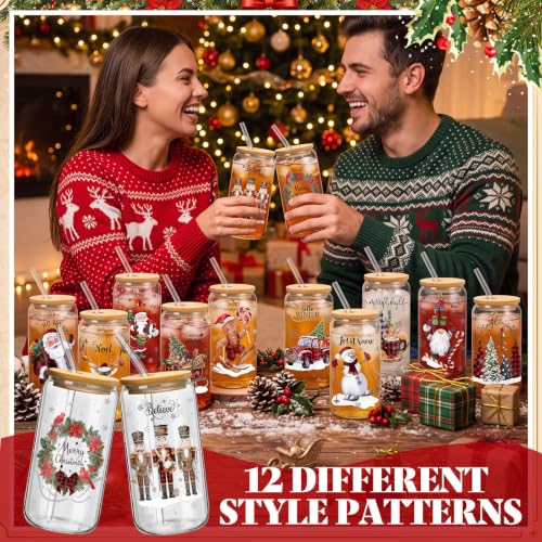 Teenyyou 12 Sets of Christmas Glasses Cups with Bamboo Lid and Glass Straw 16 oz Red and Black Plaid Christmas Glass Jar Drinking Cups Wreath Santa Coffee Cup for Women Men Xmas Holiday Party Gifts - style: Red and Black Plaid