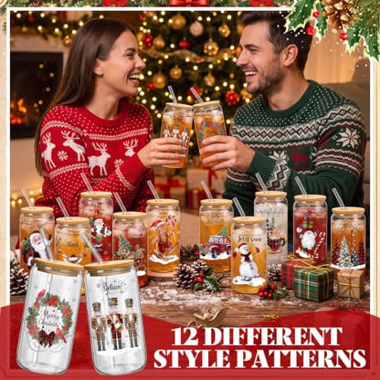 Teenyyou 12 Sets of Christmas Glasses Cups with Bamboo Lid and Glass Straw 16 oz Red and Black Plaid Christmas Glass Jar Drinking Cups Wreath Santa Coffee Cup for Women Men Xmas Holiday Party Gifts - style: Red and Black Plaid