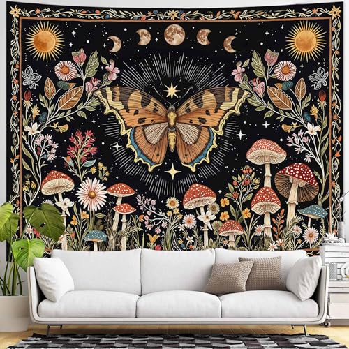 Accnicc Boho Butterfly Tapestry Mushroom Sun and Moon Hippie Wall Tapestry for Bedroom Aesthetic Vintage Floral Plant Extra Large Tapestries Wall Hanging for Dorm Living Room Decor 90 x 68 Inch - color: Brown Black, size: 90"L x 68"W