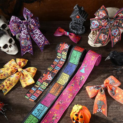 12 Rolls 60 Yard Day of the Dead Wired Ribbon for Wreath Craft Bow - style: Day of the Dead