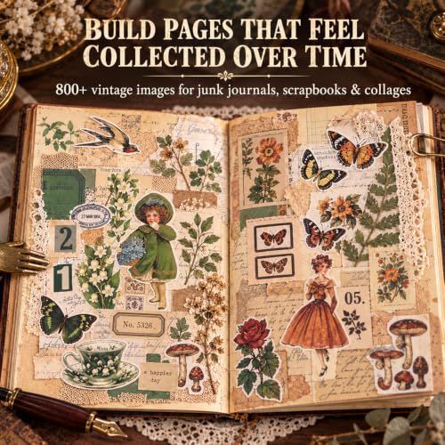 Vintage Washi Sticker Book, 800+ Images on 24 Large Collage Sheet - color: Green Vintage Collection Book