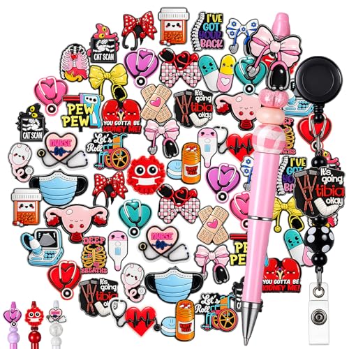 Tondiamo 60 Pcs Nurse Silicone Focal Beads for Pens Bulk Beads for Beadable Pen Keychain Jewelry Bracelet Making DIY Crafts - style: Nurse