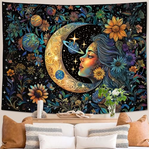 Accnicc Sun and Moon Tapestry for Bedroom Hippie Boho Floral Flower Plant Wall Tapestry Aesthetic Vintage Galaxy Celestial Star Spiritual Large Tapestries Wall Hanging for Living Room Dorm 60 x 44 Inch - color: Teal Gold, size: 60"L x 44"W