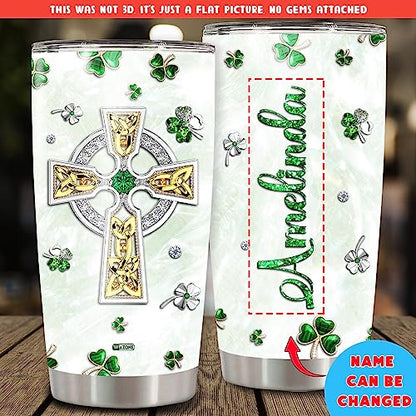 WAZONE Personalized St Patricks Day Tumbler With Lid Custom Name Stainless Steel Insulated Travel Mug Customized Gifts Green Shamrock Triquetra Celtic Knot Cross Ireland For Women Christian - color: Patricks