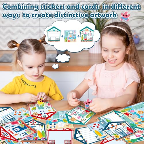 CY2SIDE Summer Seahouse Scene Sticker - 12 Set Hawaiian Luau Sticker Art Craft for Kids School Rewards Make Your Own Starfish Surfboard Ocean House Scene Games Activities Summer Party Favors Supplies - style: Sea house