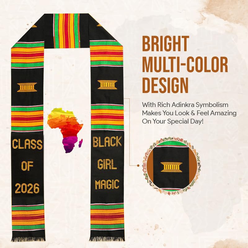 Black Girl Magic Kente Graduation Stole 2026 | Authentic African Art Kente Stole | Bold Patterns and Vibrant Colors 72"x4.5"