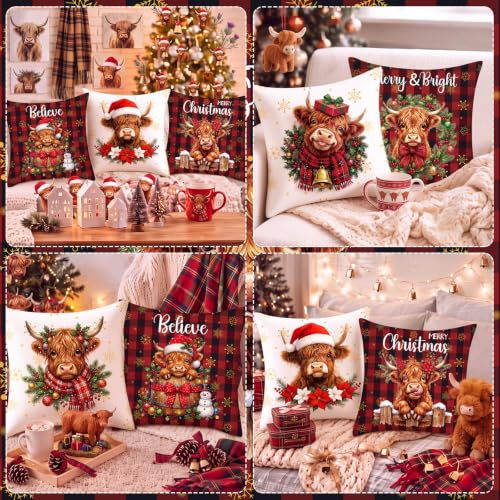 FuWeave 6 Set Christmas Pillow Covers 18 x 18 Highland Cow Pillow Case - style: Highland Cow Buffalo Plaid