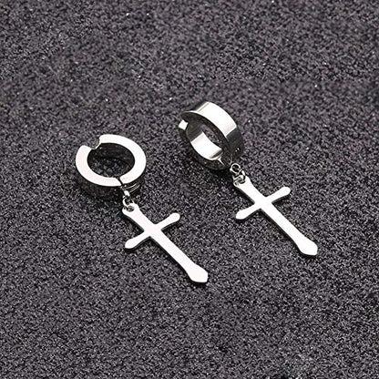 Non-pierced Earrings Set for Men Women Cross Titanium Steel Hoop Dangle Clip On Earring - style: Silver