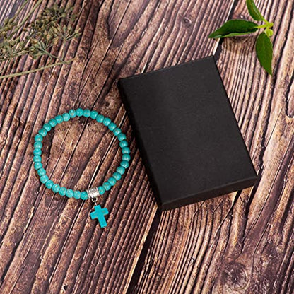 Softones 6mm Bead Cross Pendant Bracelet for Women Healing Stone Stretch Prayer Bracelet for Women,with Gift Box - color: Turquoise