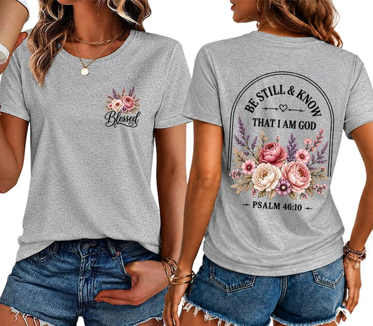 Christian Shirt for Women Be Still and Know Psalm 46:10 Graphic T-Shirt - color: Grey-1, size: XX-Large