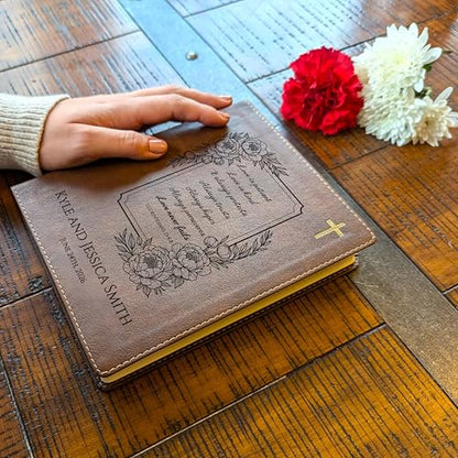 Farm and Posh Personalized Wedding & Anniversary Bible – Custom NIV Family Bible with Names & Date, Song of Solomon Verse – New International Version (Floral Love is Patient)