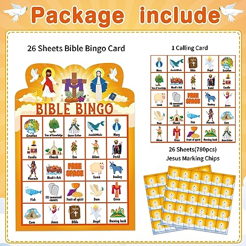 FLYAB Bible Bingo Game 26 Players Christian Bingo Cards for Kids and Adults - color: Yellow-3