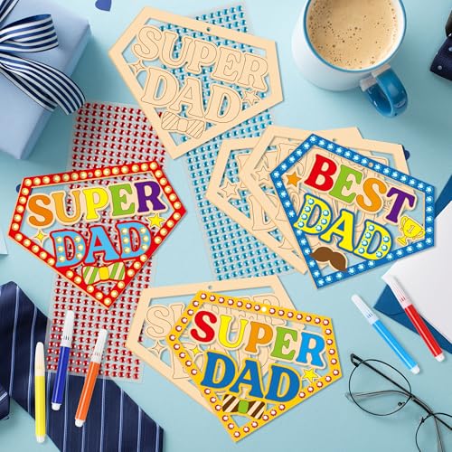 BeYumi Fathers Wooden Ornament Craft - 20Pcs Father's Day Wooden Craft for Kids Super DAD Ornaments Diamond-Shaped with Gem Stickers DIY Best DAD Kit Make Your Own Art Gifts School Classroom Home - style: Super Dad