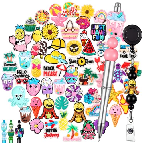 Tondiamo 60 Pcs Summer Silicone Focal Beads for Pens Funny Hawaii Silicone Beads Bulk for Beaded Pen DIY Craft Keychain Making Necklace Bracelet Charms Jewelry Decor - style: Summer Style