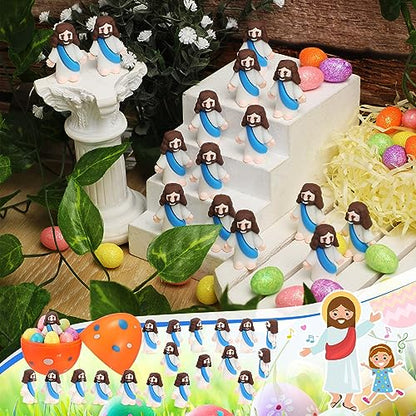 Bememo 100 Pcs Jesus Toys Original Design Mini Rubber Little Jesus Figurine to Hide and Seek Religious Party Favors Sunday School Craft Baptism Gifts for Easter Egg Stuffers(Blue) - color: Blue