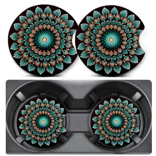 2 Pack Mandala Car Coasters for Cup Holder,Neoprene Anti Slip Mat - color: Mandala - Green