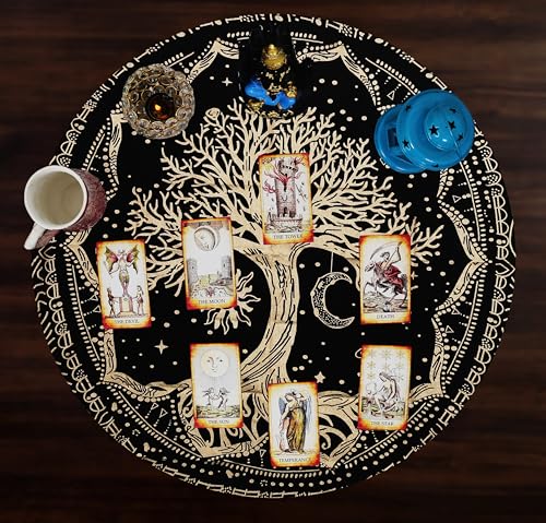 Indian Consigners Tree of Life Altar Cloth Tapestry Tablecloth Celtic Trees Ritual Spiritual Cloth for Sacred Places, Cotton Square Tarot Table Cover 18 by 18 Sacred - color: Golden Sun Moon Tree, size: 18" x 18" (Square)
