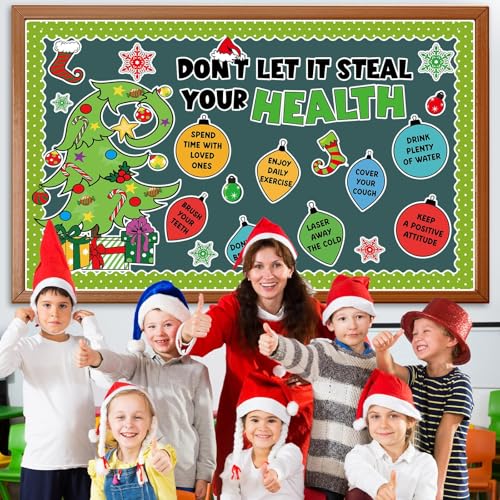 Christmas Bulletin Board Decorations Christmas Accents Healthy Habits Cutouts Red Green Xmas Elf Tree Paper Classroom Decors for Winter Holiday School Classroom Chalkboard Wall Decor Supplies - style: Christmas Tree