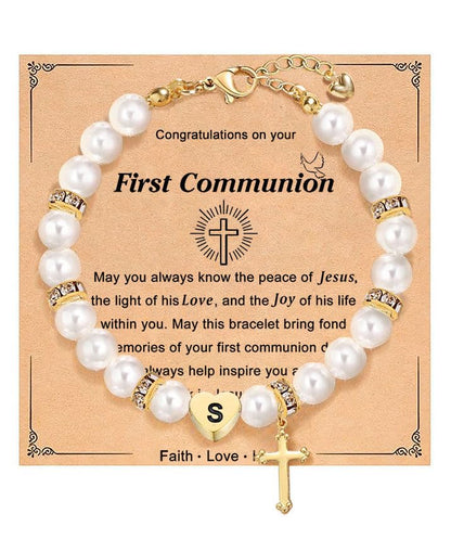 enasal First Communion Gifts for Girls Teens, Initial A-Z Cross Pearl Bracelet for Christian Catholic Daughter Goddaughter - color: Initial-S
