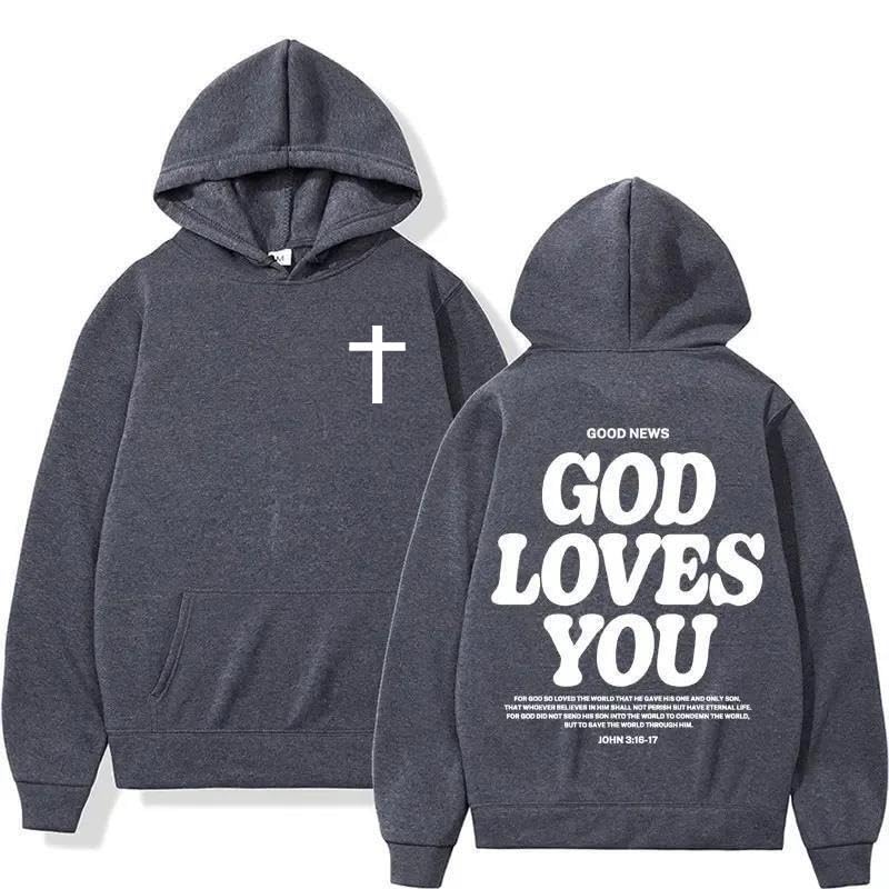 God Loves You Hoodie Christian Faith Bible Verse Religious Sweatshirt Cross Men Women Pullover Tops - color: Gray, size: Medium