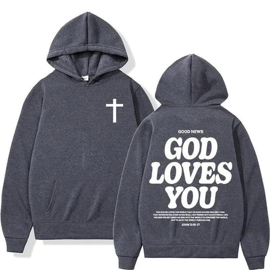 God Loves You Hoodie Christian Faith Bible Verse Religious Sweatshirt Cross Men Women Pullover Tops - color: Gray, size: Medium