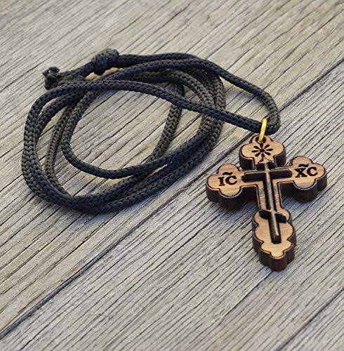 Most Original Gifts AUTHENTIC Bethlehem Olive Wood Eastern Cross Pendant in Natural Cotton Pouch with Christogram - Cross for Men & Women - style: Style-3