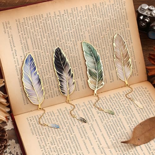 icceemee 4pcs Metal Feather Bookmarks with Bookmarks for Women, Writers, Readers Durable Book Markers Book Accessories Unique Gifts for Men, Women - style: Feather