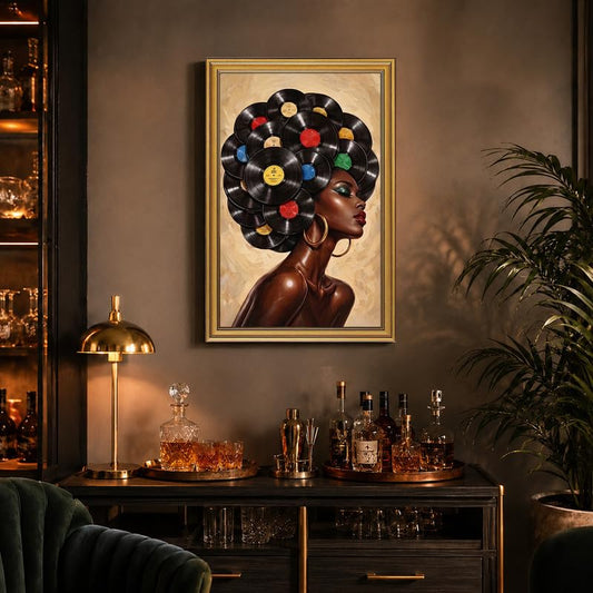 Vintage Vinyl Record Wall Art Black Woman Portrait Pictures Wall Decor - color: Gold Framed-02, size: 16x24in