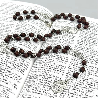 Seven Sorrows of Mary Rosary Wooden Beads Catholic Jewelry Necklace for Pray - color: Brown